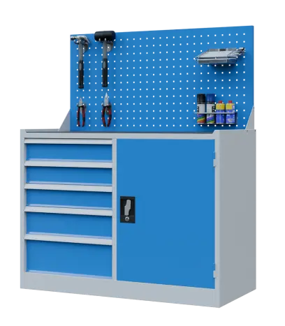 DS - 210 - skříň úložná, 5 zásuvek, závěsná deska, ocel, šedomodrá